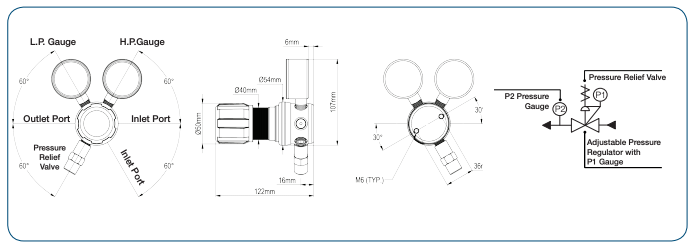 Регулятор давления GASARC Серия HPS601B для чистых газов, корпус никелированная латунь , н/ж мембрана, одноступ., 0-6 бар раб. давление, без запорного клапана, DIN 1 вх. соед., 6мм фитинг вых. соед.